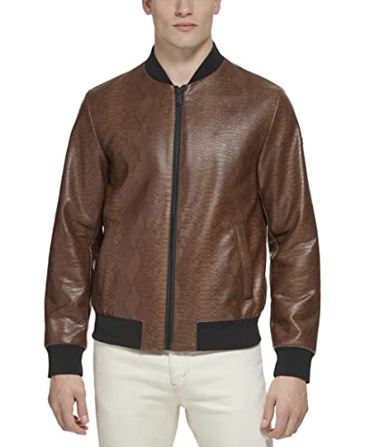 DKNY Men's Faux Leather Varsity Bomber Jacket, Varisty Brown Snake Embossed