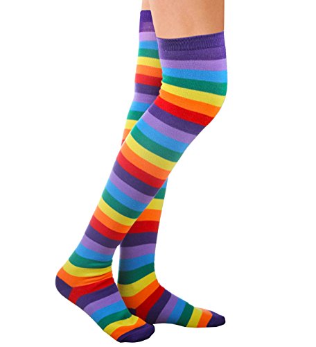 Chalier Womens Rainbow Striped Knee Thigh High Socks Arm Warmer Fingerless Gloves 2 Pairs(rainbow Set) One Size