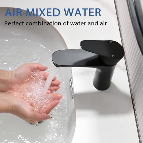 Black Bathroom Faucet,Single Handle Bathroom Sink Faucet, Commercial Bathroom Faucets,1 Hole Deck Mount RV Mixer Tap Lavatory Vanity Sink Faucet with Supply Lines KMBF008B