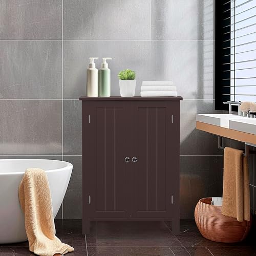 ZENY Bathroom Floor Storage Cabinet with Double Door + Adjustable Shelf, Wooden Organizer Cabinet for Living Room, Bathroom, Bedroom, Modern Home Furniture (Brown)