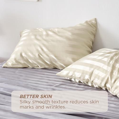 Bedsure Satin Pillowcase for Hair - Satin Pillow Cases Standard Size with Zipper 2 Pack, Similar to Silk Pillow Cases for Skin, Silky Pillow Covers, Gifts for Her or Him, Beige Striped, 20x26 Inches