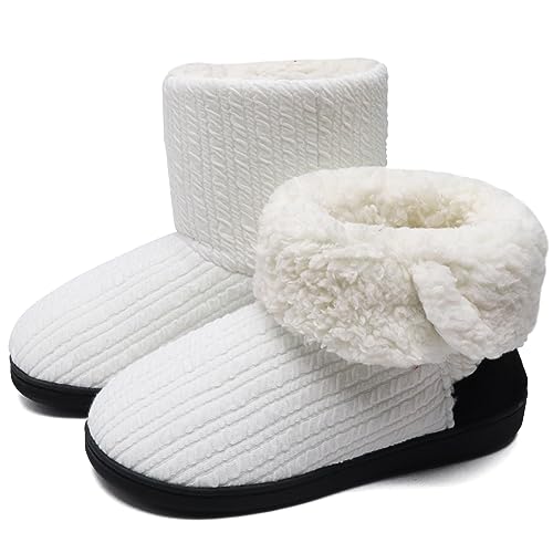 ONCAI Womens Slippers Bootie Slipper Boots for Women Winter Warm Fuzzy Knit House Slipers White Size 5-6