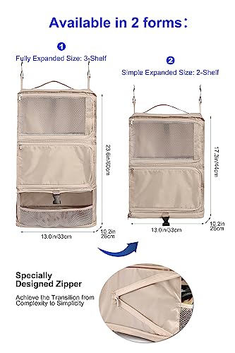 ELEZAY Hanging Packing Cubes Portable Closet 3-Shelf Travel Collapsible Compression Garment Organizer for Carry-on Luggage Suitcase Space Saver Bag X-Large_No Side Pockets, Beige