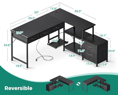 AODK L Shaped Computer Desk with Fabric Drawers and File Cabinet, 53" Reversible Home Office Workstation Desk with Power Outlets & Host Stand, Corner Gaming Table with Storage Shelves, Black