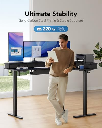 HUANUO 65″ L-Shaped Standing Desk with Power Outlets & LED Strip, Support C-Clamp Mount, Electric Height Adjustable Corner Computer Desk with 3 Drawers, Sit Stand Up Desk with Large Power Strip Holder