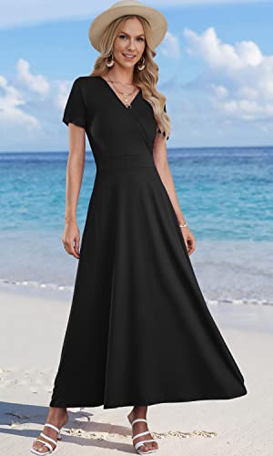 AUSELILY Maxi Dresses for Women Ankle Length Floral Print Beach Long Flowy Dress with Pockets Red Flowers M