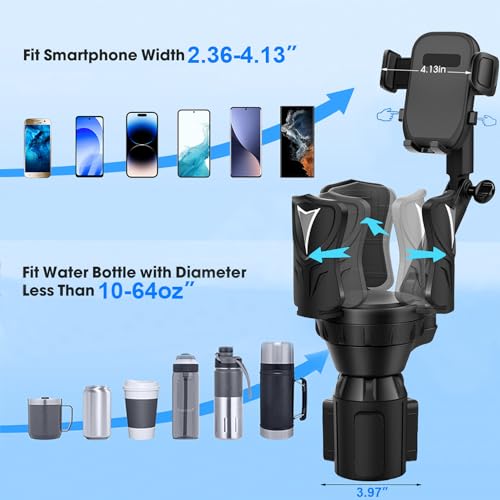 Easkkty Cup Holder Phone Mount with Expandable Holder and Base, Upgraded Universal Cellphone Cradle Car Cupholder (Adjustable) with Long Bracket Fit iPhone All Smartphone (Silver- Phone Holder)