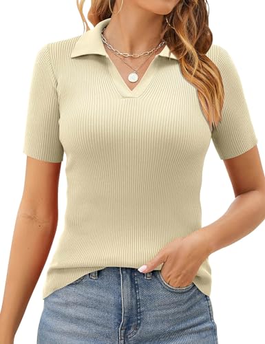 ONLYSHE Women's Short Sleeve Casual T Shirts Summer Slim Fitted Plain V Neck Tee Blouse Tops,Off White,Small