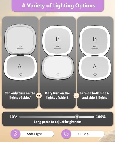 wobsion Travel Mirror with Light, Rechargeable 1x/10x Compact Magnifying Mirror, Dimmable Pocket Mirror,Handheld 2-Side Mirror with Light,4inch Travel Size,Portable for Handbag,Purse,Gift,Black