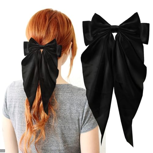 NYXXZ Hair Clip, Large Black Silky Satin Bow Hair Barrettes, 2Pcs Oversized Ribbon Hair Bow Clips for Women, Girl, Lady, Hair Accessories