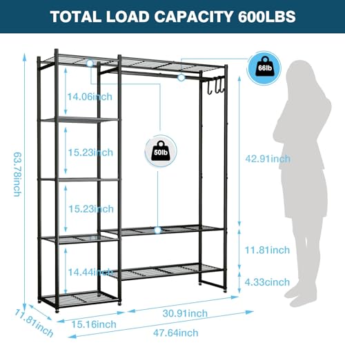 Wardrobe Closet, Portable Clothing Rack for Hanging Clothes, Free Standing Closet Organizers and Storage System with 4 Tiers Shelves for Cloakroom Bedroom, Black