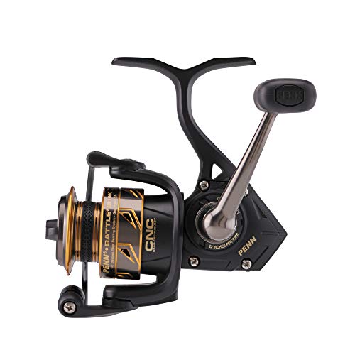 PENN Battle III Spinning Inshore Fishing Reel, HT-100 Front Drag, max of 9lb | 4.0kg, Made with Sturdy All-Aluminum Composition for Durability, Black Gold, 1000