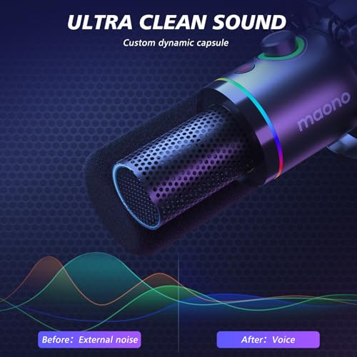 MAONO XLR/USB Dynamic Microphone Kit, RGB Podcast Mic with Software, Mute, Gain Knob, Volume Control, Boom Arm for Streaming, Gaming, Voice-Over, Recording-PD200XS Black