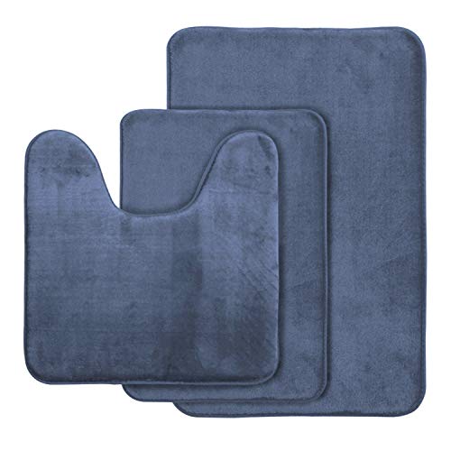 AOACreations Memory Foam Bath Rug, Bathroom Mat Set of 3, Soft, Plush, Absorbent, Low Pile, Includes 1 Large 20" x 32", 1 Contour 20" x 20", 1 Small 16" x 24" (Blue Grey)