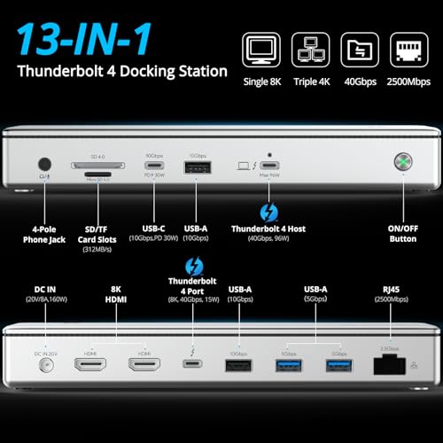 WAVLINK Thunderbolt 4 Dock with Dual HDMI 4K@60Hz,100W Charging, Thunderbolt Certified, 13-IN-1 USB C Docking Station Dual Monitor Single 8K Output for Windows or Mac, 4X USB, 2.5G Ethernet,SD/MicroSD