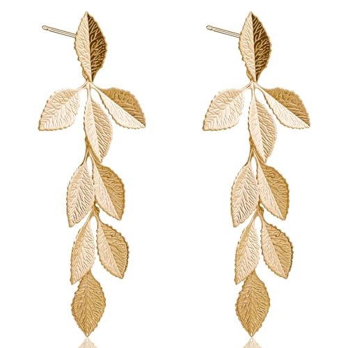 Gold Long Leaf Stud Earrings Handmade Leaf Dangling Earrings for Women Plant Earrings for Gift