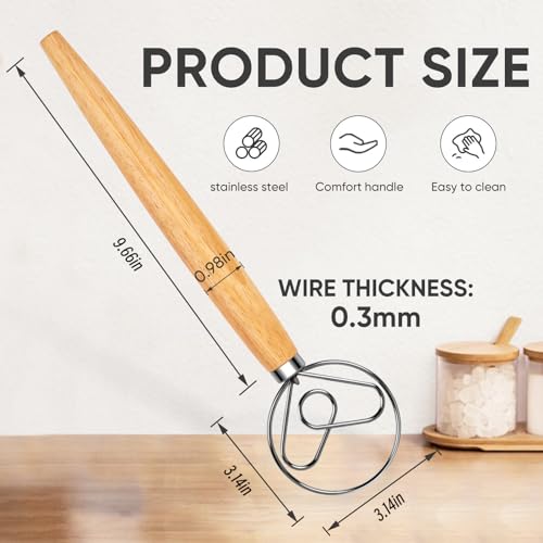 Maxjoy Danish Dough Whisk Wooden Bread Whisk with Stainless Steel Dough Hook - Traditional Dutch Whisk - Dough Mixer Hand Tool & Sourdough Bread Making Tools and Supplies