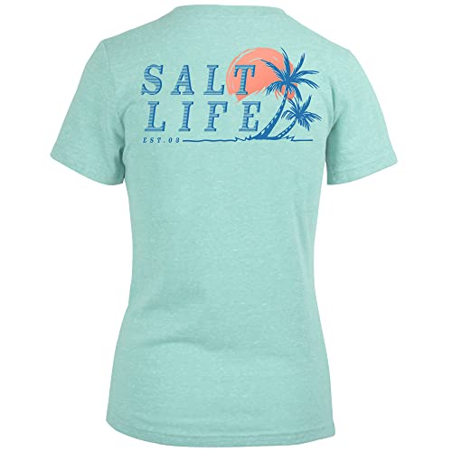 Salt Life Leaning Palms Short Sleeve Classic Fit Shirt, Aqua Sea, Small