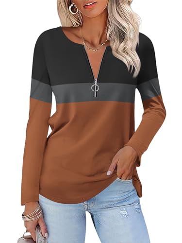 TICTICMISS Women's Long Sleeve Shirts Zipper Color Block V Neck Tunic Tops Casual Blouse