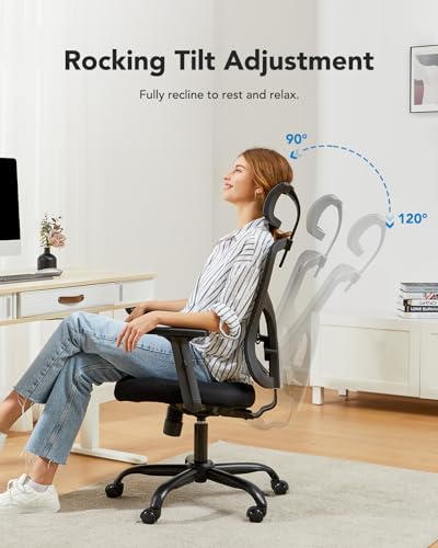 HUANUO Ergonomic Office Chair, High Back Desk Chair with S-Shaped Backrest, Adjustable Lumbar Support, Headrest, Armrest, Mesh Computer Chair with Thicker Seat Cushion and Tilt Function, Black