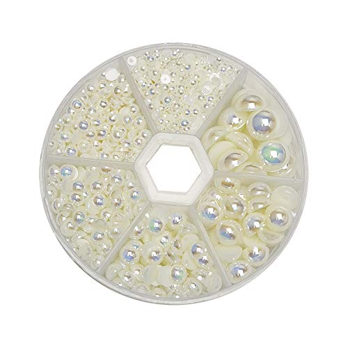 Libiline 1 Box 1170pcs Mix Sizes Round AB Color 3/4/5/6/8/10mm Flat Back Beads Half Pearl Scrapbooking Bead for Wedding Ornament (Beige, Mix)