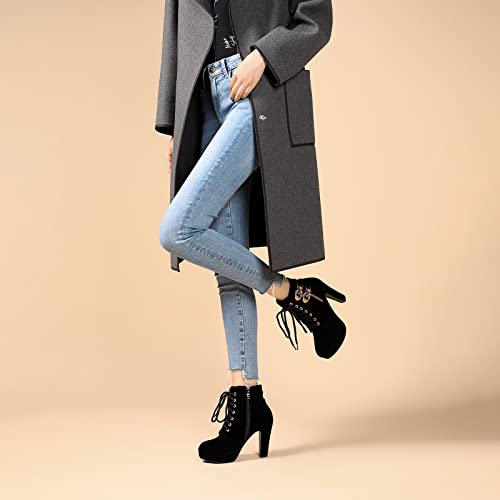 Susanny Womens Black Platform High Heel Boots Vintage Lace up Round Toe Suede Block Heeled Short Ankle Booties 12