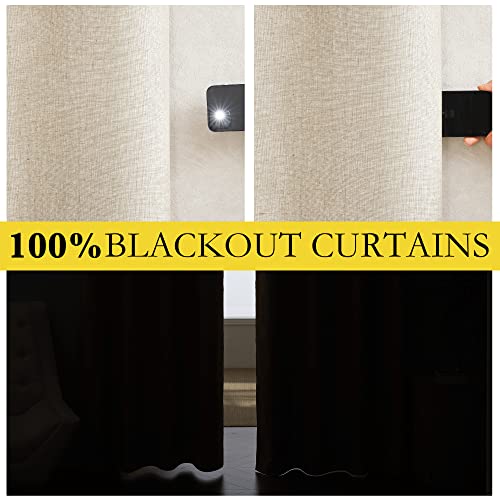 NICETOWN 100% Absolutely Blackout Linen Curtains with Thermal Insulated White Liner, Beige, 52" Wide by 48" Long, 2 Pieces, Anti-Rust Grommet Natural Burlap Fabric Window Drapes for Bedroom/Kids Room