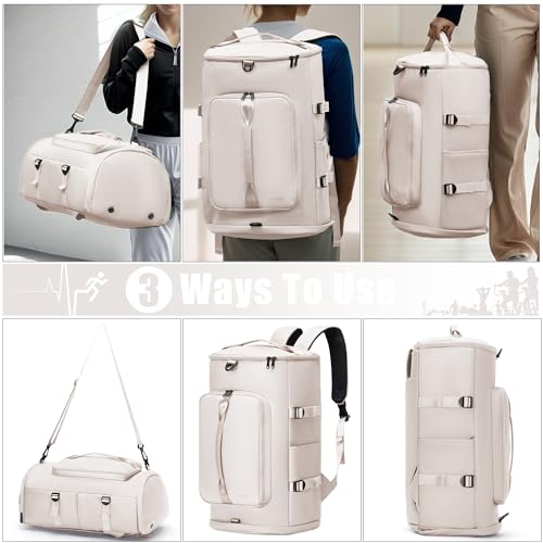 Gym Bag for Women and Men Sports Duffle Bag Travel Backpack Weekender Overnight Bag with Shoes Compartment and Wet Pocket Beige - MIYCOO