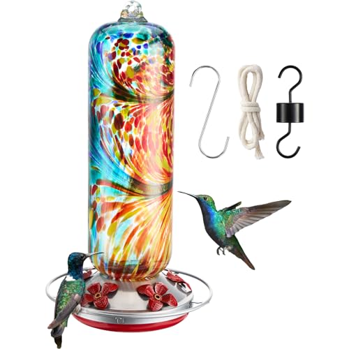 Twinkle Star Hummingbird Feeder Glass, 28fl.oz Hummingbird Feeders for Outdoors Hanging, 5 Feeding Ports & Perch Ring, Hand Blown, Hummingbirds Gifts, Garden Decor, incl.S Hook, Ant Moat, Rope (Red)