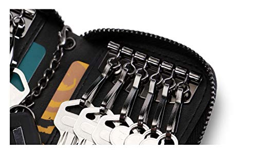 BAKUN Large Zipper Leather Car Key Case, Key Holder Key Organizer Wallet, With 16 Hooks(Black)