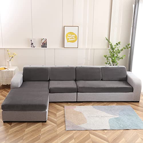 NeColorLife Velvet Chaise Cushion Cover Sectional Sofa Cover Couch Covers Thick Couch Cushion Cover with Elastic Band for Both Left/Right Sectional Couch (1PC Chaise Lounge Cushion Cover,Grey)
