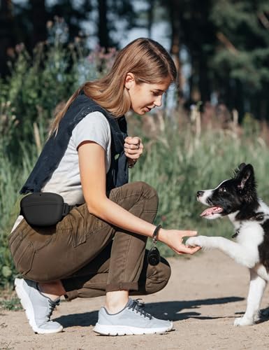 heouvo Dog Treat Pouch with Training Clicker, Upgrade Stronger Magnetic Closure to Avoid Spilling, 1.67 Cup Silicone Treat Bag Fanny Pack with Waist Belt for Pet Training Walking (Black)