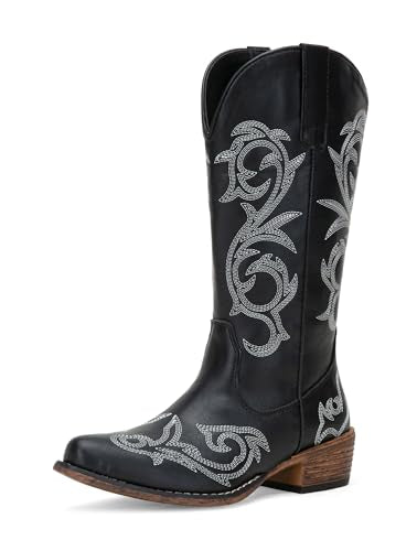 Jeossy Women's 9808 Whisky Cowboy Boots for Women, Round Toe Cowgirl Boots, Western Embroidered Mid High Wide Calf Chunky Pull on Boot with Inner Zipper Size 6(DJY9808 Whisky 06)