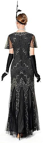 1920s Short Sleeve Sequin Gatsby Maxi Long Evening Prom Mermaid Hem Cocktail Dress w/Accessories Set Black Gold