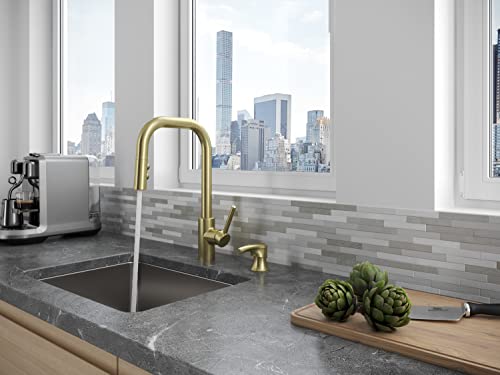 Pfister Zanna Kitchen Faucet with Pull Down Sprayer and Soap Dispenser, Single Handle, High Arc, Brushed Gold Finish, F5297ZNRBG