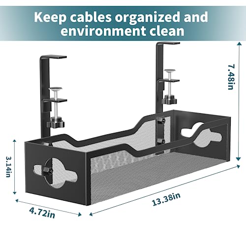 Under Desk Cable Management Tray No Drill, Metal Mesh Cable Management Under Desk with Clamp Mount, 2 Hole Cable Tray with Desk Wire Management and Desk Cord Organizer for Home Office Standing Desk