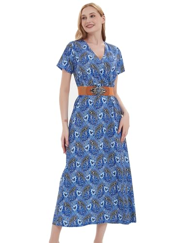 MessBebe Womens 2024 Summer Floral Maxi Dress Wrap V Neck Short Sleeve Beach Party Flowy Long Boho Dresses with Belt Blue