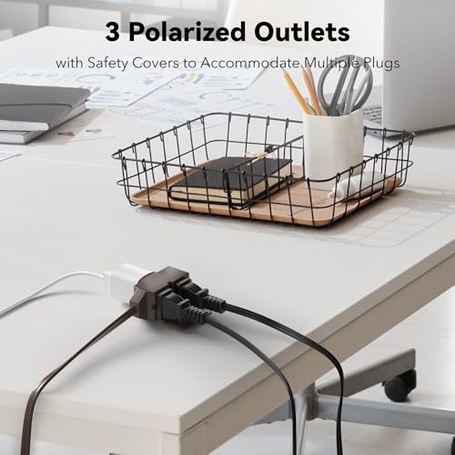 BN-LINK 6ft Indoor Extension Cord, 2 Pack, 3-Outlet Polarized Flat Cable, Household Power Cord for Home, Office, and Holiday Decorations, Brown