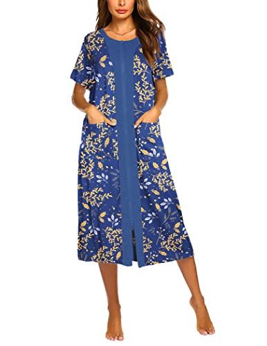 Ekouaer Women Zipper Front Nightgown Short Sleeve Housecoat Cotton Printing Housedress Full Length Robe with 2 Pockets L