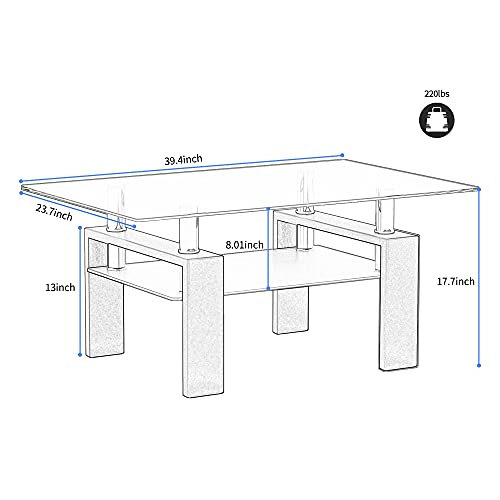 Meihua Rectangle Glass Coffee Table 2-Tier Tea Table Modern Side Coffee Table for Living Room (All Black)