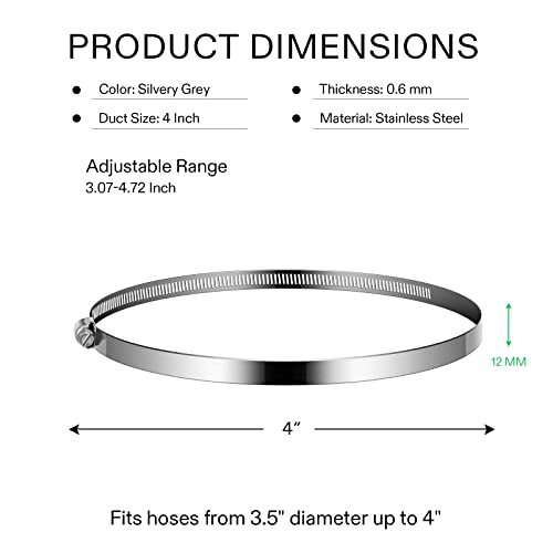 VIVOSUN Stainless Steel Air Ducting Clamps, 4/6/8/12 Inch Adjustable Hose Clamps with Worm Drive for Ducting, Heating, Cooling, Exhaust, and Ventilation (Pack of 2)