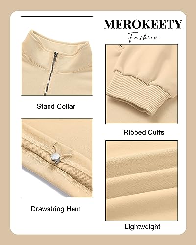 MEROKEETY Women's Quarter Zip Crop Sweatshirt Long Sleeve Stand Collar Drawstring Casual Pullover Top,Apricot,S