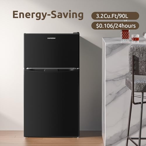 BANGSON Mini Fridge with Freezer, 2 Door Small Refrigerator with Freezer, Mini Fridge for Bedroom, 3.2 CU.FT, For Home, Office, Dorm, Garage or RV, (Black)