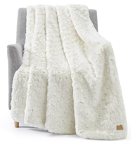 UGG 25518 Amanda Silky Smooth Extra Long Breathable Lightweight Elegant Fluffy Fuzzy Soft Luxury Cozy Faux Fur All Season Easy Care Throw Blanket for Sofa Couch or Any Room Decor, 70 x 50-inch, Stone.