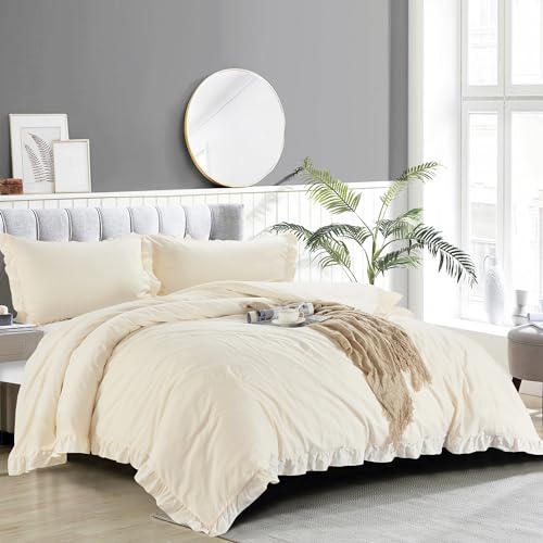 Tyfitb 100% Washed Cotton Duvet Cover Set, 3 Pieces Linen Feel Textured Soft Comfortable Breathable Bedding Set with Button Closure and Ruffled Fringe for All Season, Solid Beige, King, No Comforter