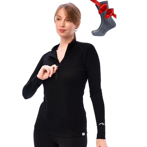Merino Wool Base Layer Women - 100% Merino Half Zip Sweater Women Lite, Midweight, Heavyweight Thermal Shirts and Socks (Large, 250 Cherry Red)