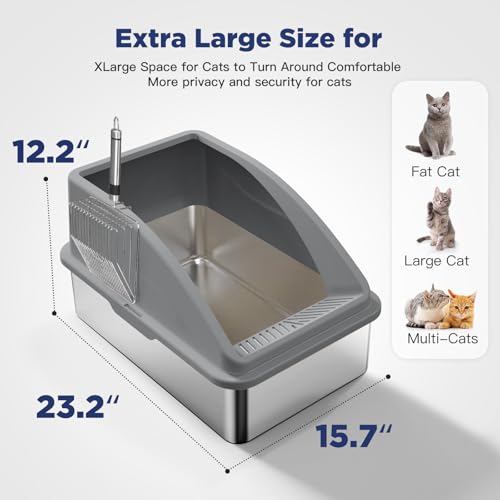 Stainless Steel Cat Litter Box, Extra Large Litter Boxes for Big Cats, XL Metal Cat Litter Box with Lid, Anti-Urine Leakage, Non-Sticky, Include Cat Mat and Litter Scoop