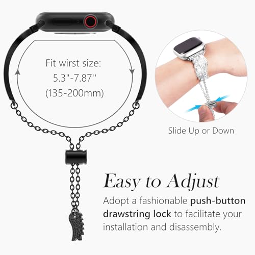WINGLE for Apple Watch Bands 40mm 41mm 38mm for Women Series 9 8 7 6 5 4 3 2 1 SE, Sparkle Angel Wings Bling Diamond Rhinestone Apple Watch Metal Band Dressy Chain Bracelet for iWatch, Black
