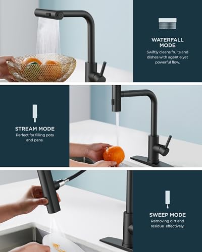 FORIOUS Kitchen Sink Faucet,Chrome Kitchen Faucets with Pull Down Sprayer, Stainless Steel Kitchen Faucet 3 in 1 Function, Waterfall Modern Faucet for Kitchen Sink, Bar, Laundry, Rv