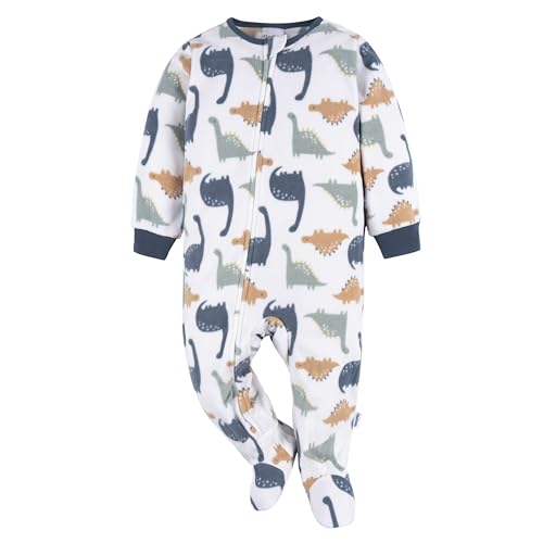 Gerber Baby Boys' Toddler Loose Fit Flame Resistant Fleece Footed Pajamas 2-Pack, Blue Dinos, 3-6 Months